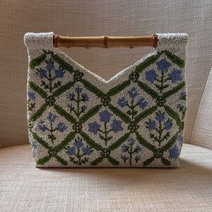 Tiana New York Floral Hand Embroidered Beaded Clutch with Bamboo Handle